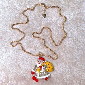 Betsey Johnson Crystal Santa Claus Christmas Gold Tone Long Chain Necklace